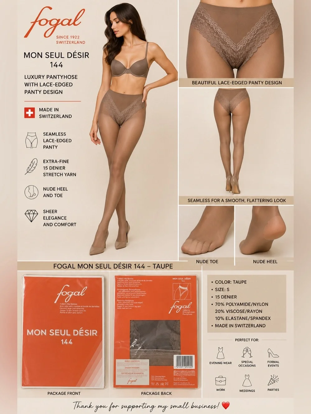 Fogal Mon Seul Désir 144 Pantyhose Taupe Size S Lace 15 Denier Swiss NIP